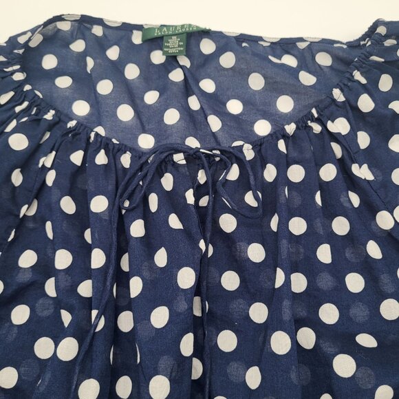 LAUREN RALPH LAUREN Womens 1X Peasant Polka Dot Blouse Semi Sheer Navy White - Picture 7 of 9
